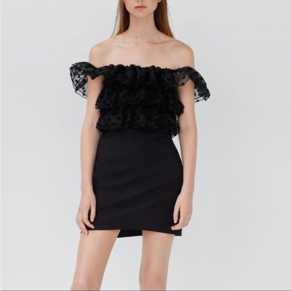 Zara Black Mini Dress With‎ Polka Dot Tulle Ruffles Size M Off the Shoulder